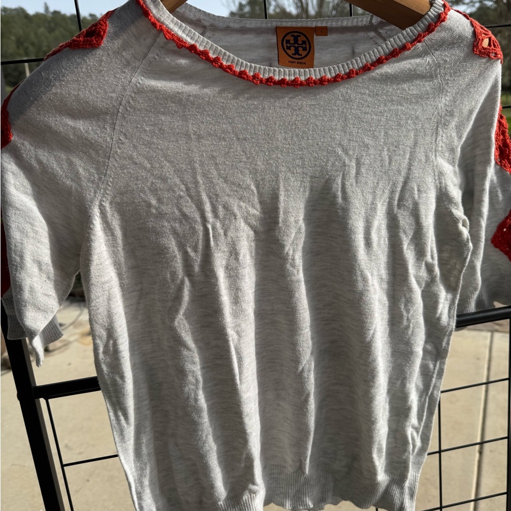 Tory Burch Gray Top with Red Accents - Picture 3 of 6